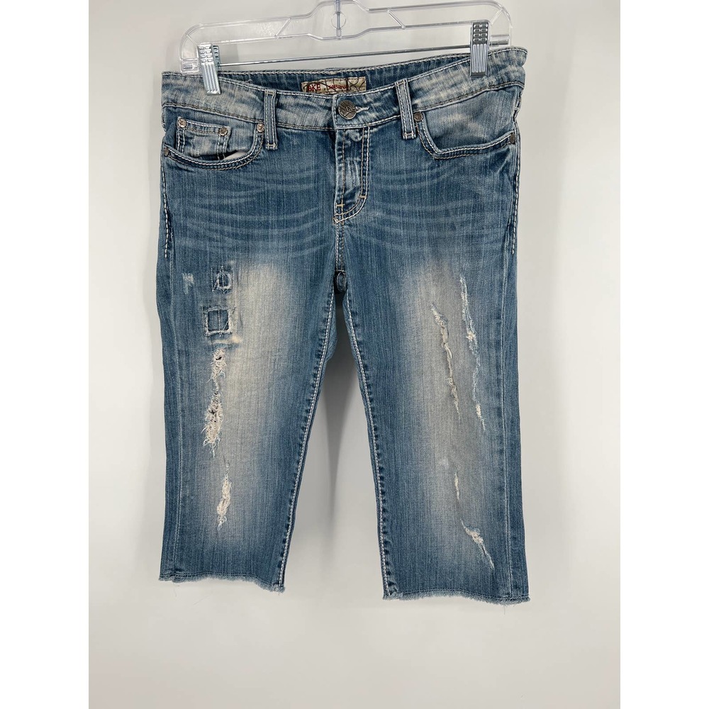 BKE Women's Sabrina stretch destressed denim blue jean capris size 28